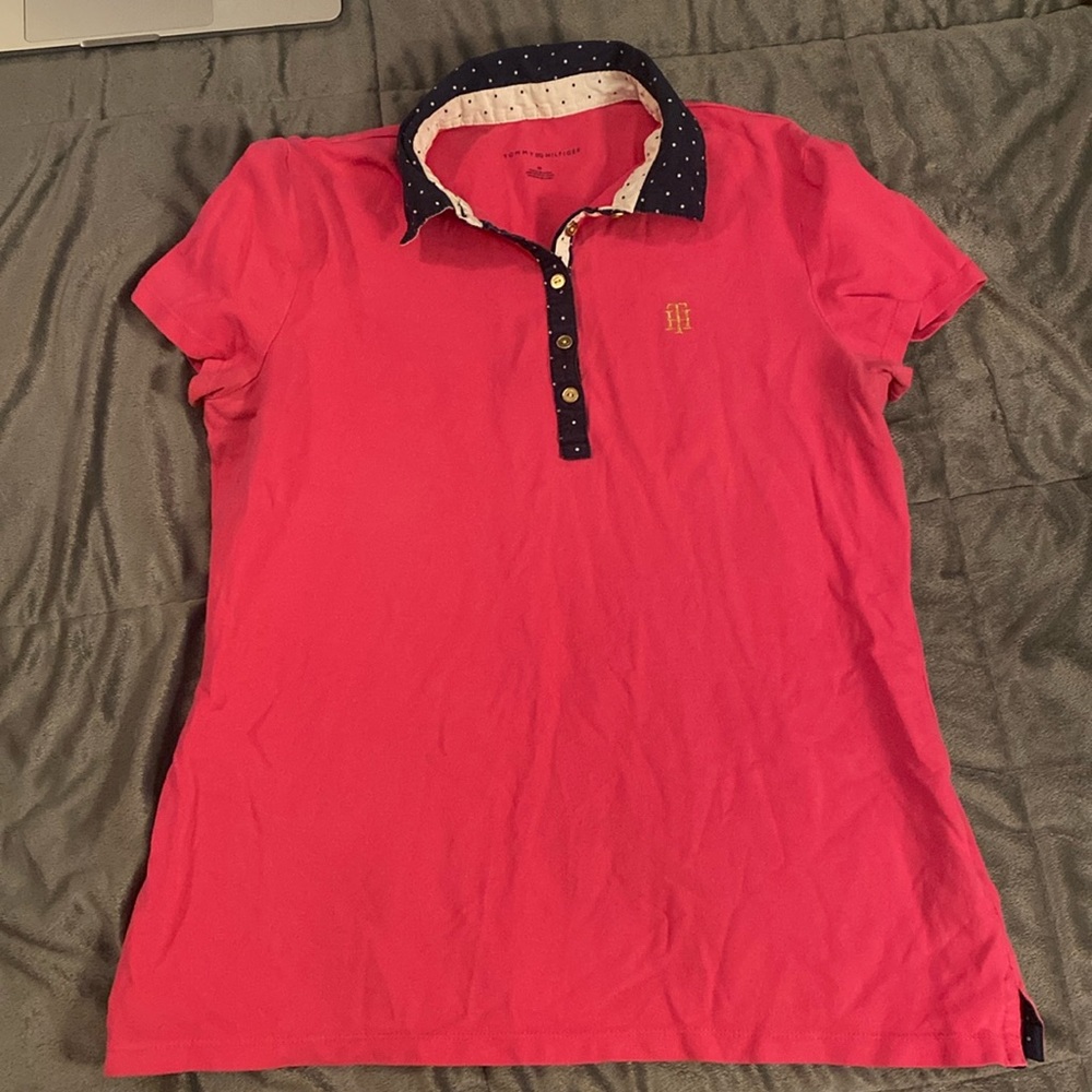 Tommy Hilfiger Medium Women’s Polo Shirt, Navy & White Polka Dotted collar